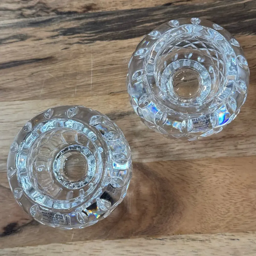 Pair VTG Illusions Samobor 24% Lead Crystal Votive Candle Holder Rose Bowl Set 2